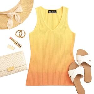 Escada Margaretha Ley Ribbed Wool Bld V-Neck Sleeveless Top Yellow Ombré 38 FLAW